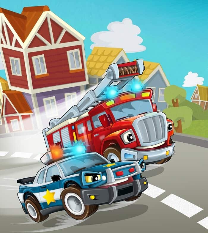 Poveste de seară pentru copii - Mașina de poliție și mașina de pompieri